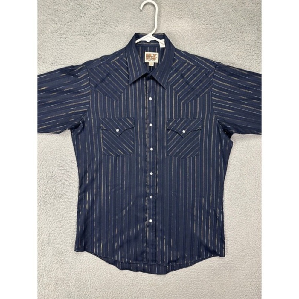 Elly Cattleman Shirt Mens Medium 15.5-33 Navy Dress Western Cowboy Pearl Snap
